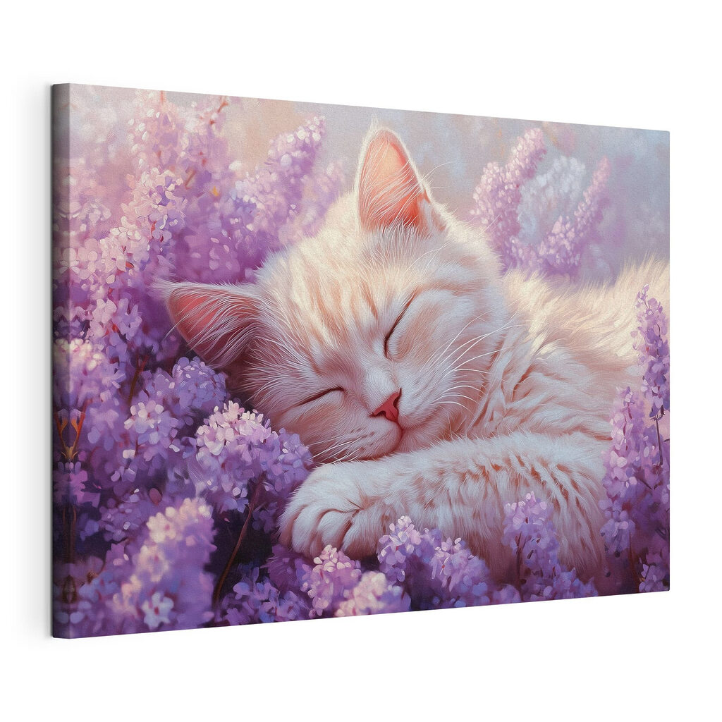 Gatinho entre flores lilás, tela esticada e borda contínua