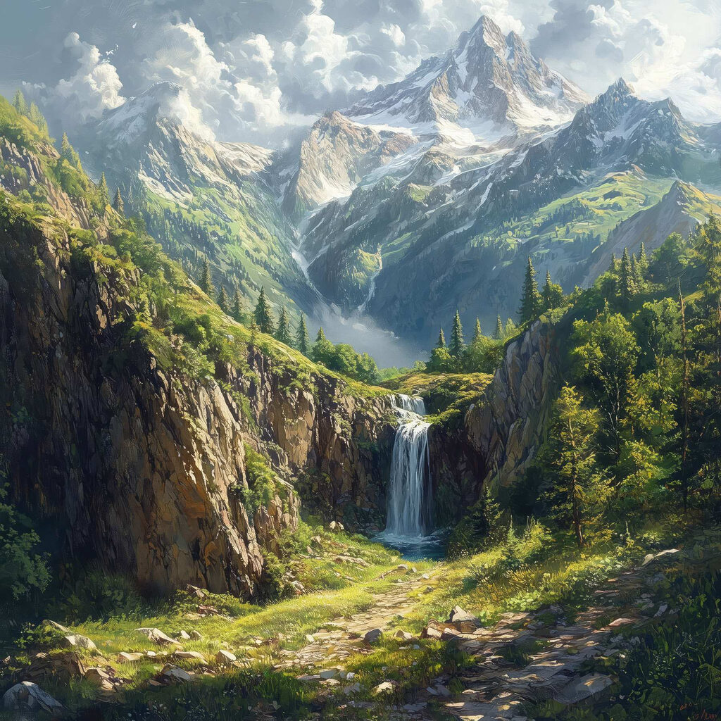 Cascata sob picos nevados — design completo