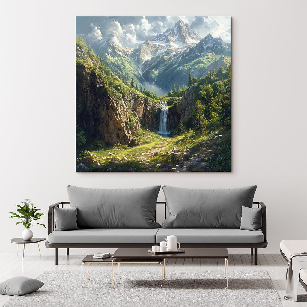 Cascata sob picos nevados — interior 1