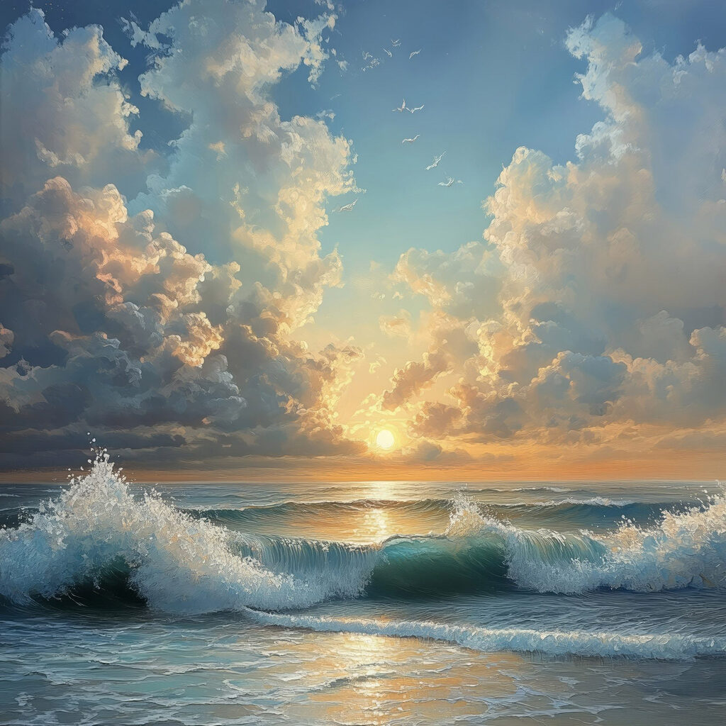 Sol sobre ondas azuis — design completo