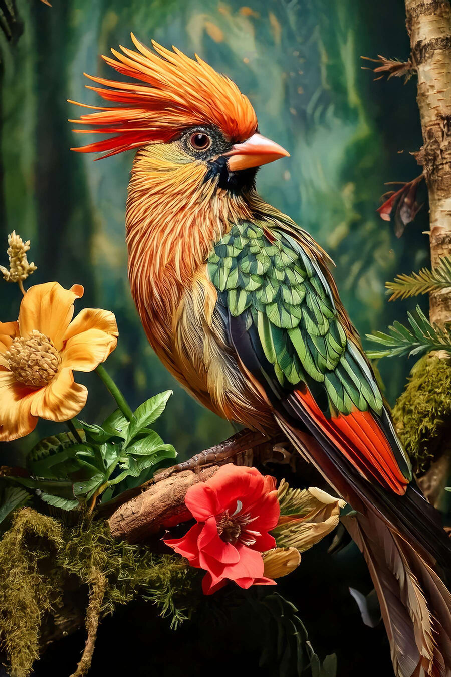 Ave tropical em flor — design completo