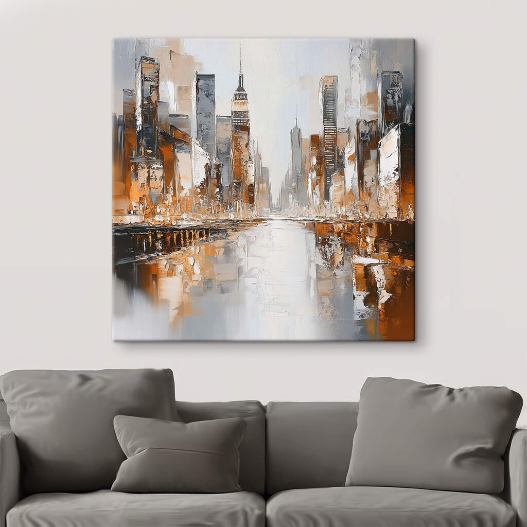 Cidade em reflexo laranja num interior