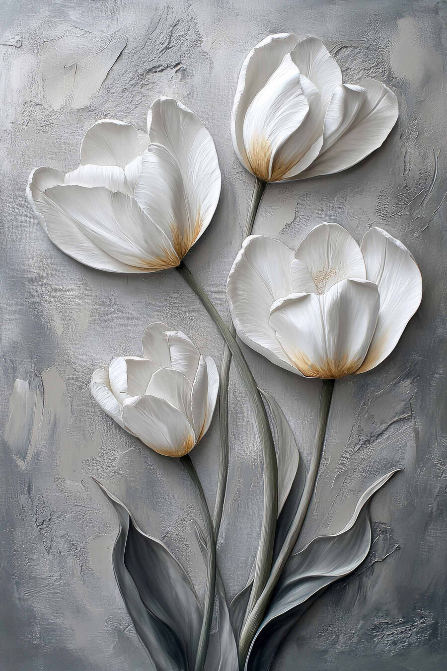 Quatro tulipas sobre cinzento — design completo