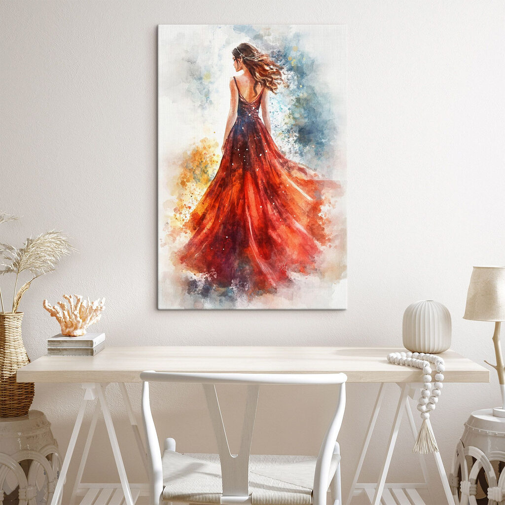 Vestido vermelho em aguarela — interior 2