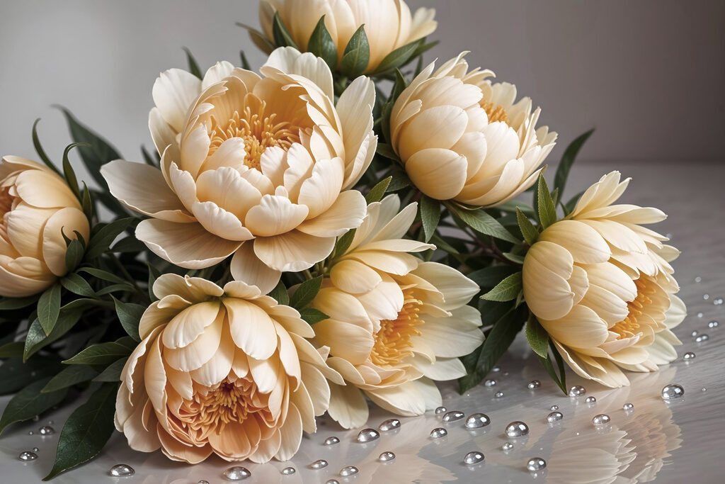 Peónias creme com gotas — design completo