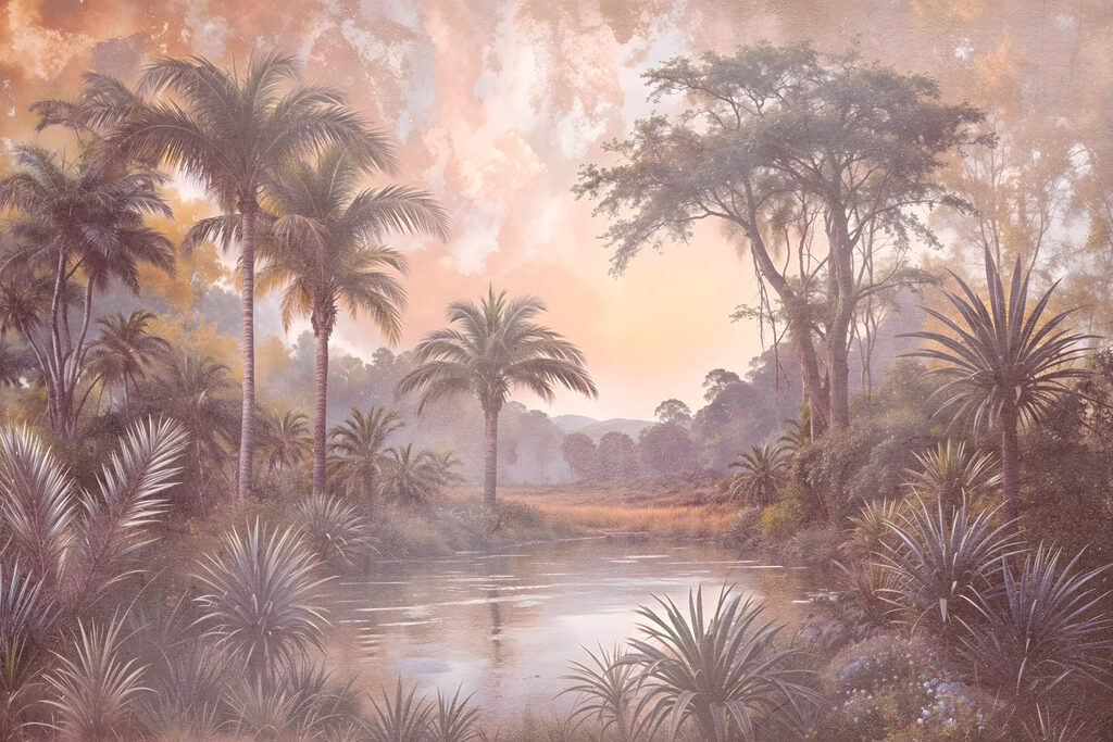 Rio tropical ao amanhecer — design completo