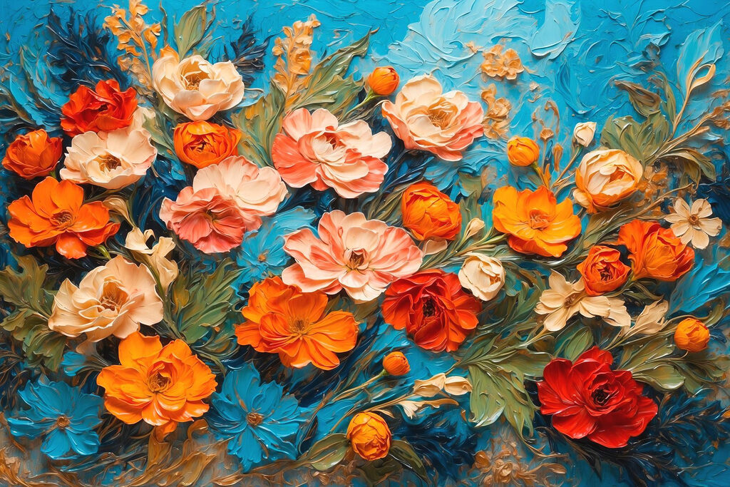 Flores entre traços turquesa — design completo