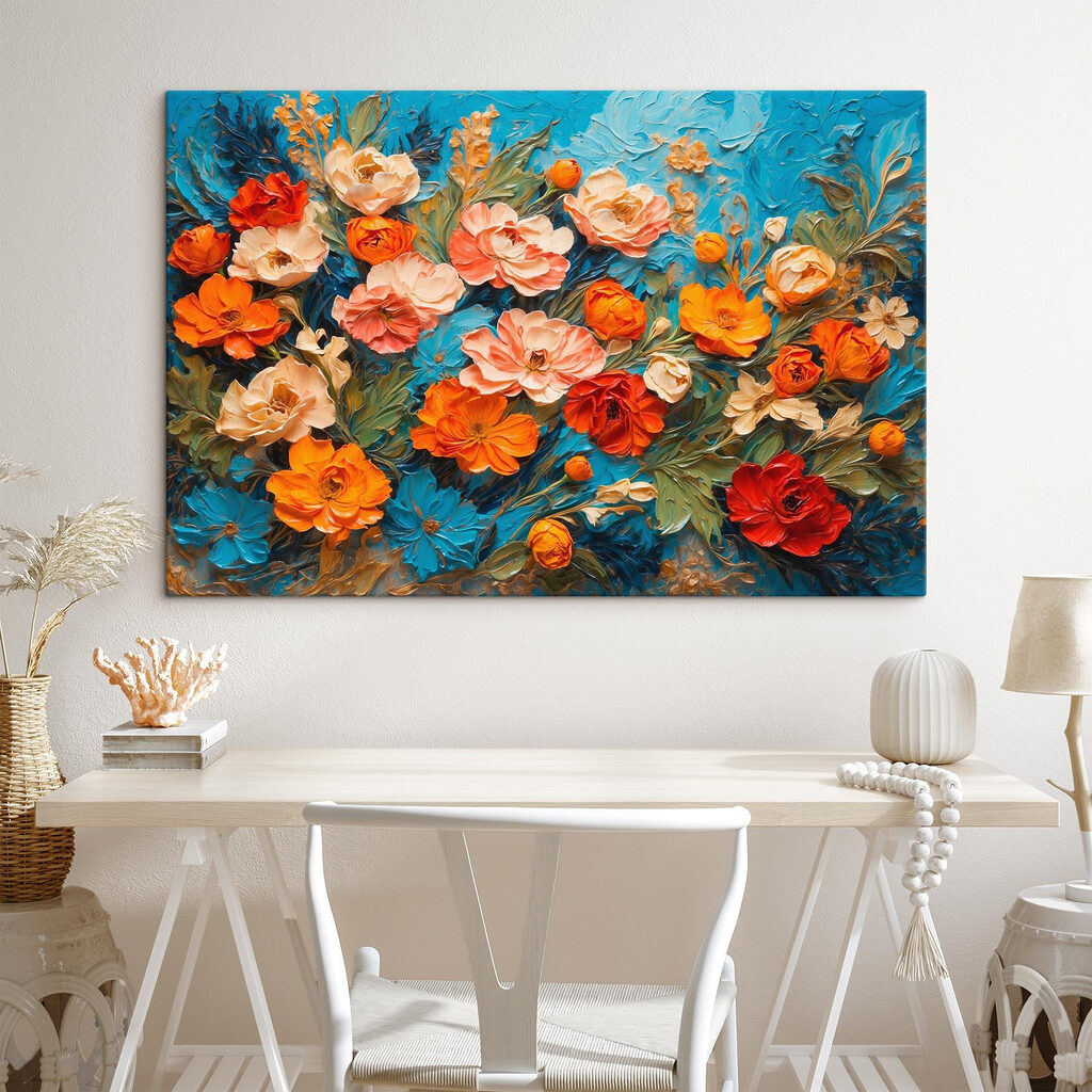 Flores entre traços turquesa — interior 1