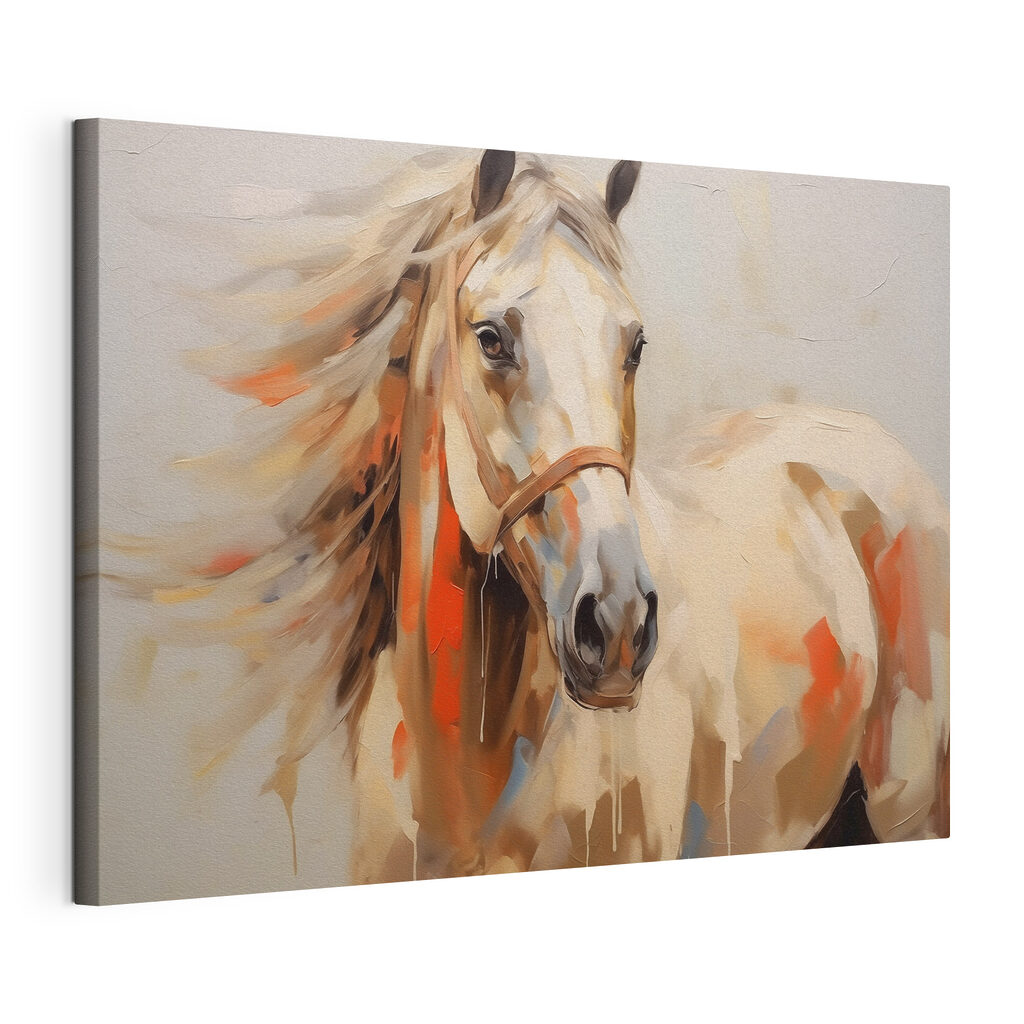 Cavalo branco em pinceladas, tela esticada e borda contínua
