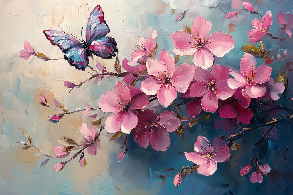 Borboleta sobre ramos rosa — design completo