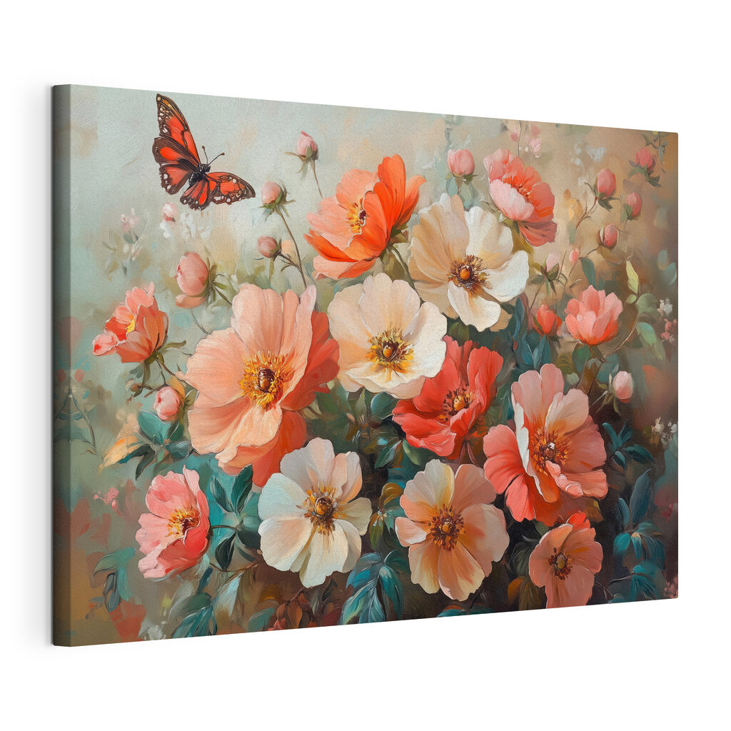 Borboleta entre flores silvestres, tela esticada e borda contínua