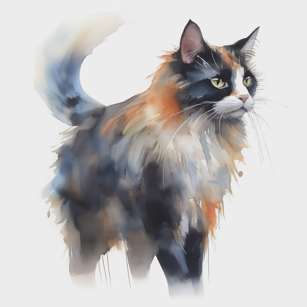 Gato malhado em aguarela — design completo