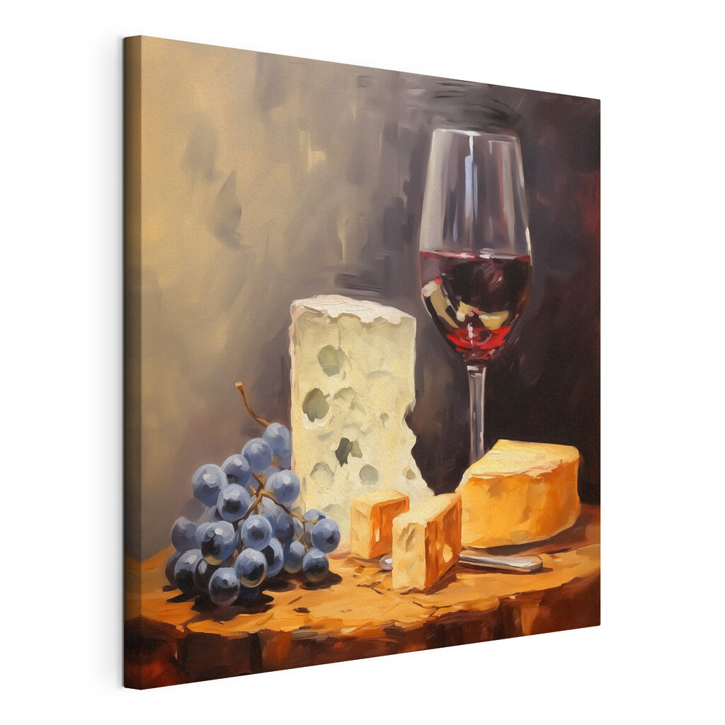 Vinho junto ao queijo, tela esticada e borda contínua