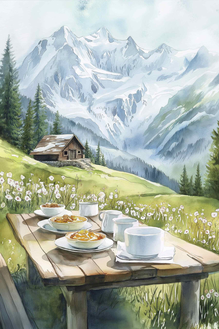 Pequeno-almoço sob cumes nevados — design completo