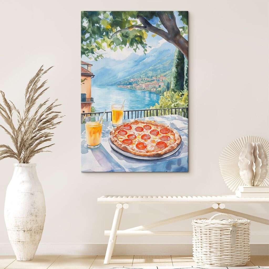 Pizza sob uma árvore num interior