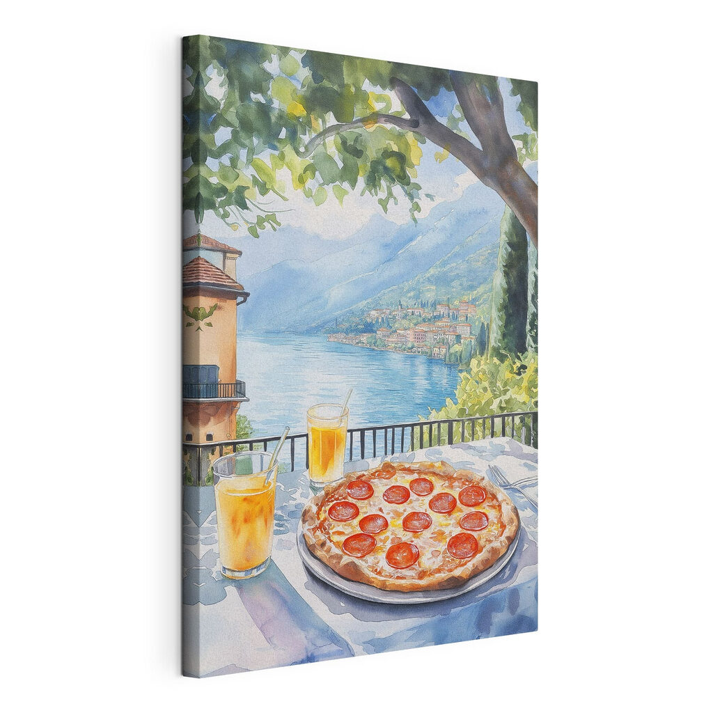 Pizza sob uma árvore, tela esticada e borda contínua