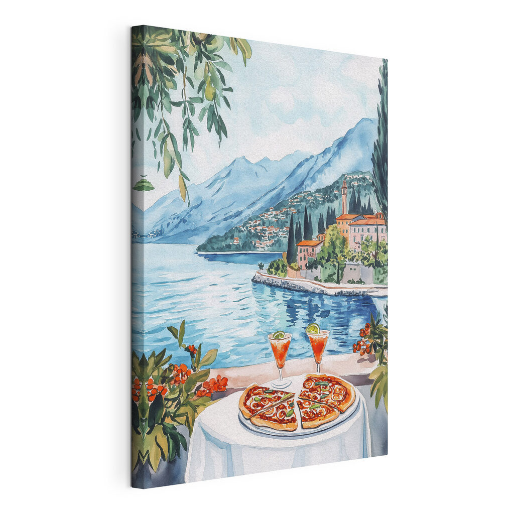 Pizza junto à aldeia, tela esticada e borda contínua