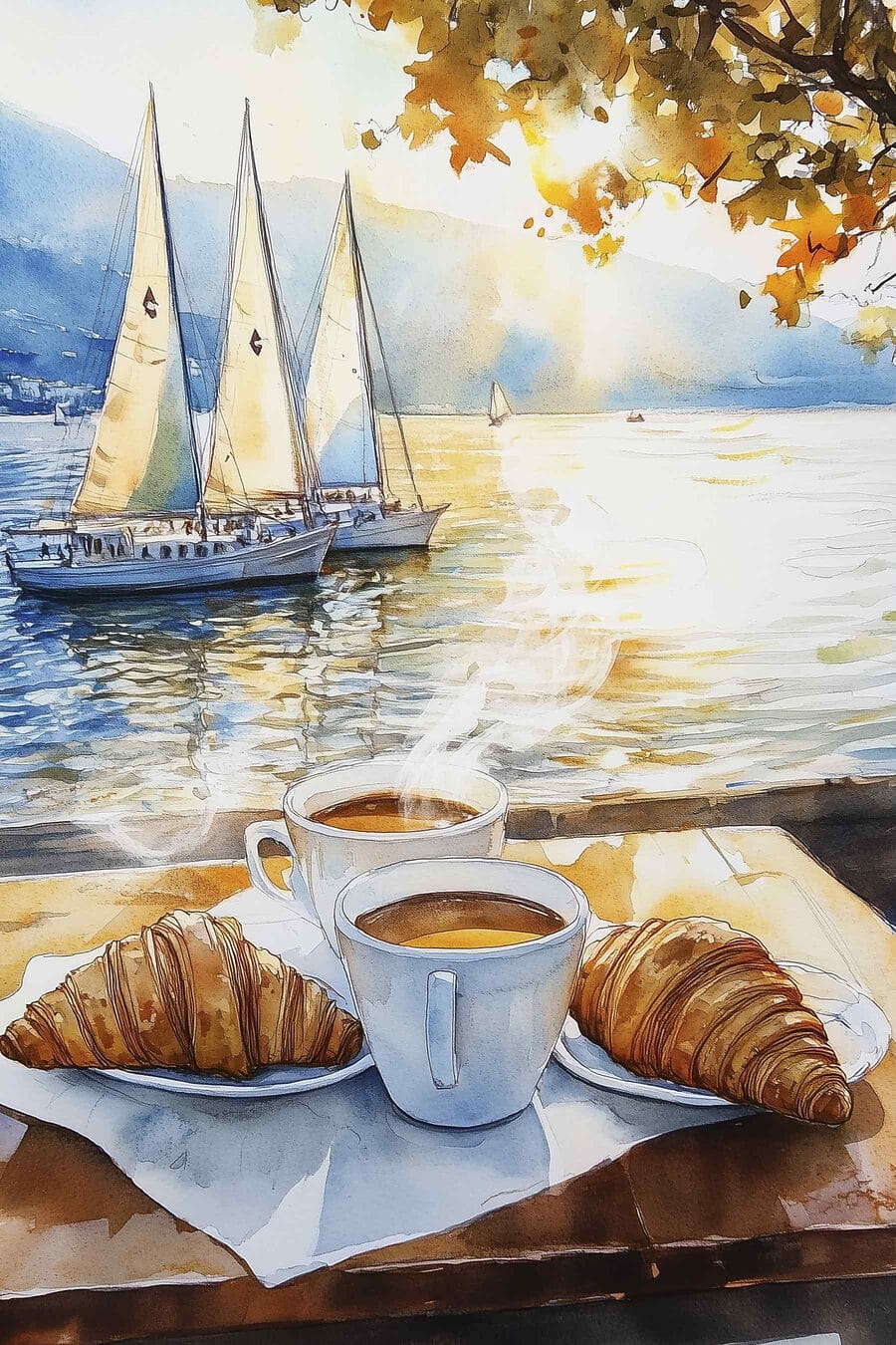 Café matinal com veleiros — design completo