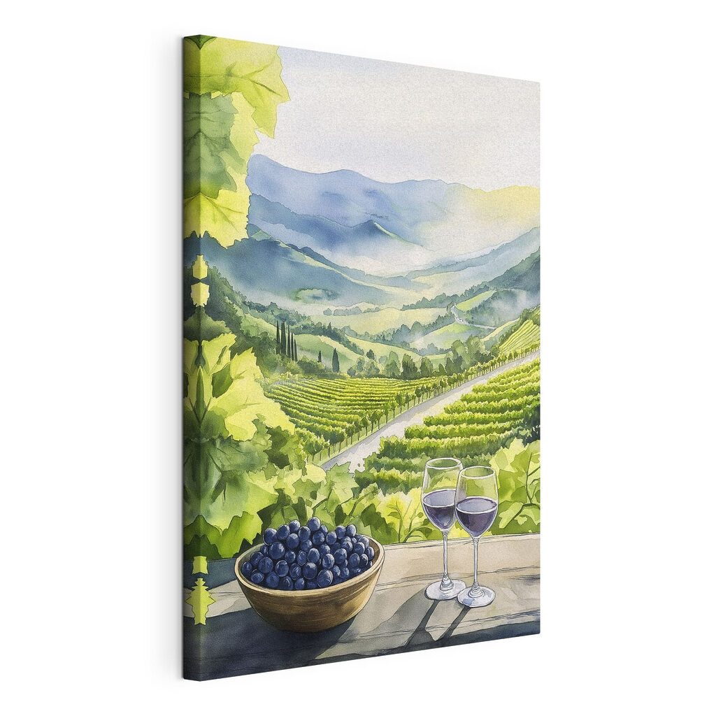 Vinho sobre vinhas verdes, tela esticada e borda contínua