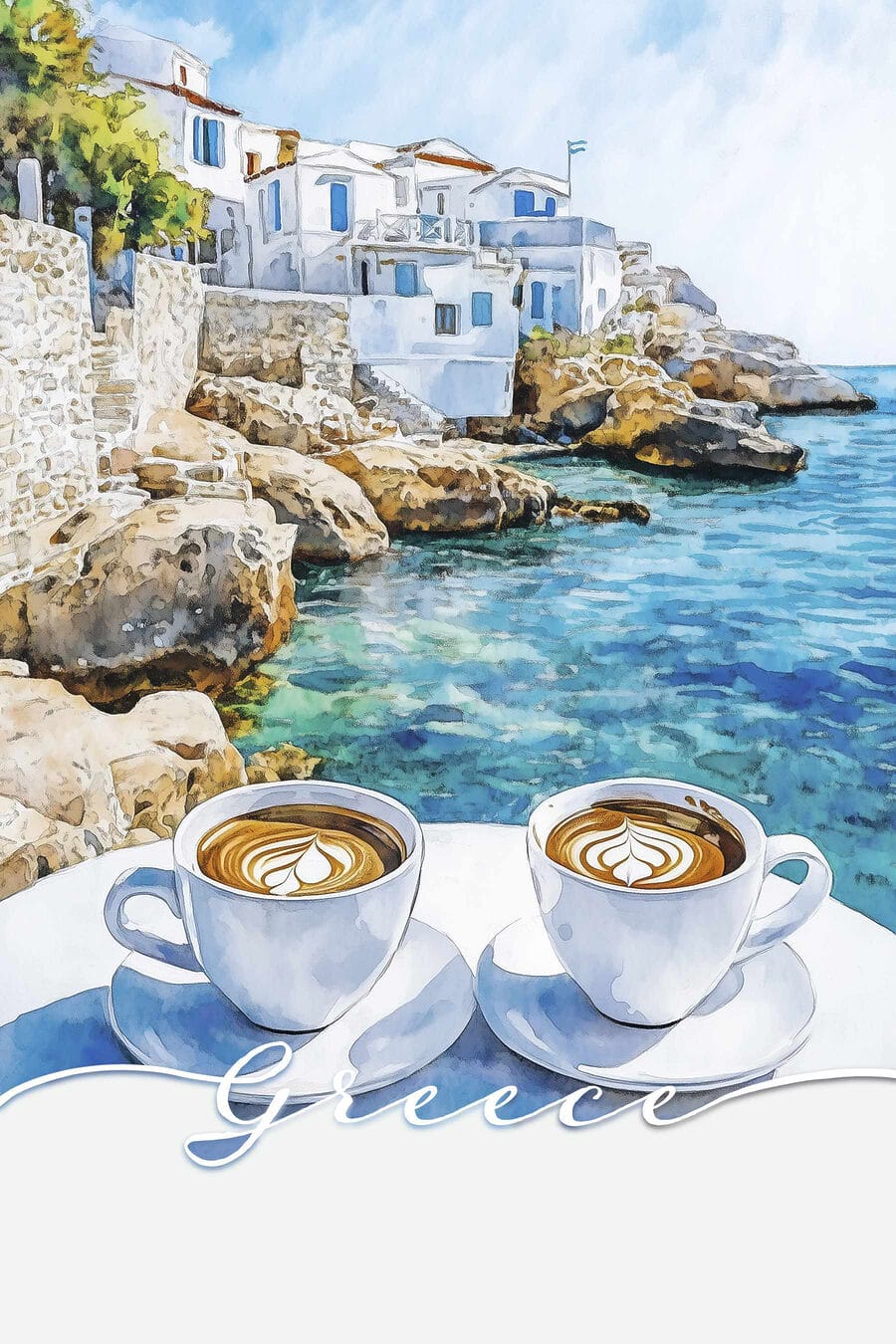 Cappuccino sobre baía turquesa — design completo