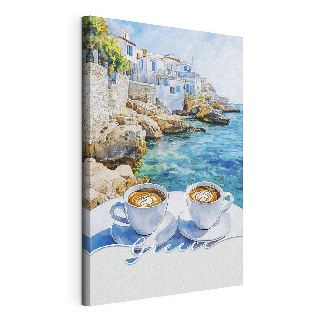 Cappuccino sobre baía turquesa, tela esticada e borda contínua