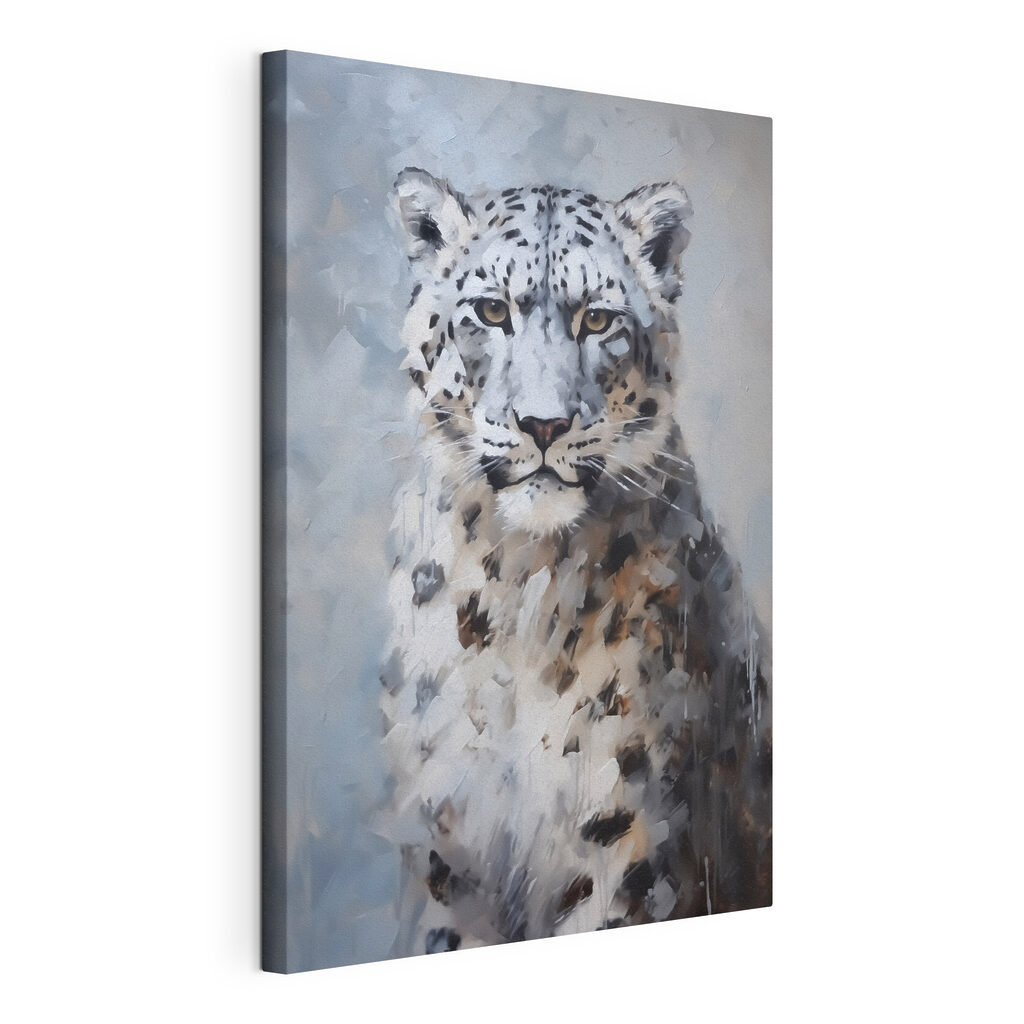 Leopardo-das-neves em aguarela, tela esticada e borda contínua