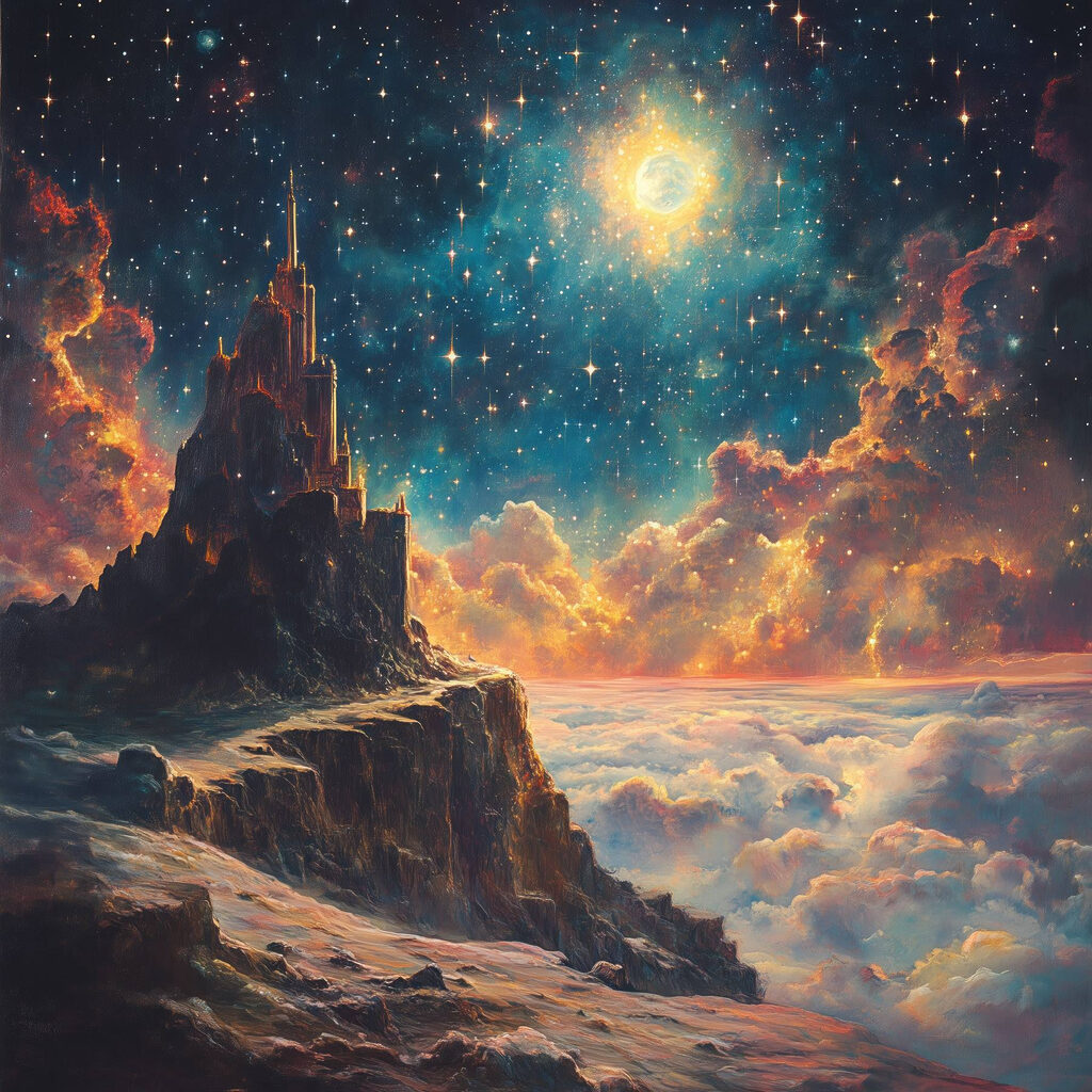 Castelo entre nuvens estreladas — design completo