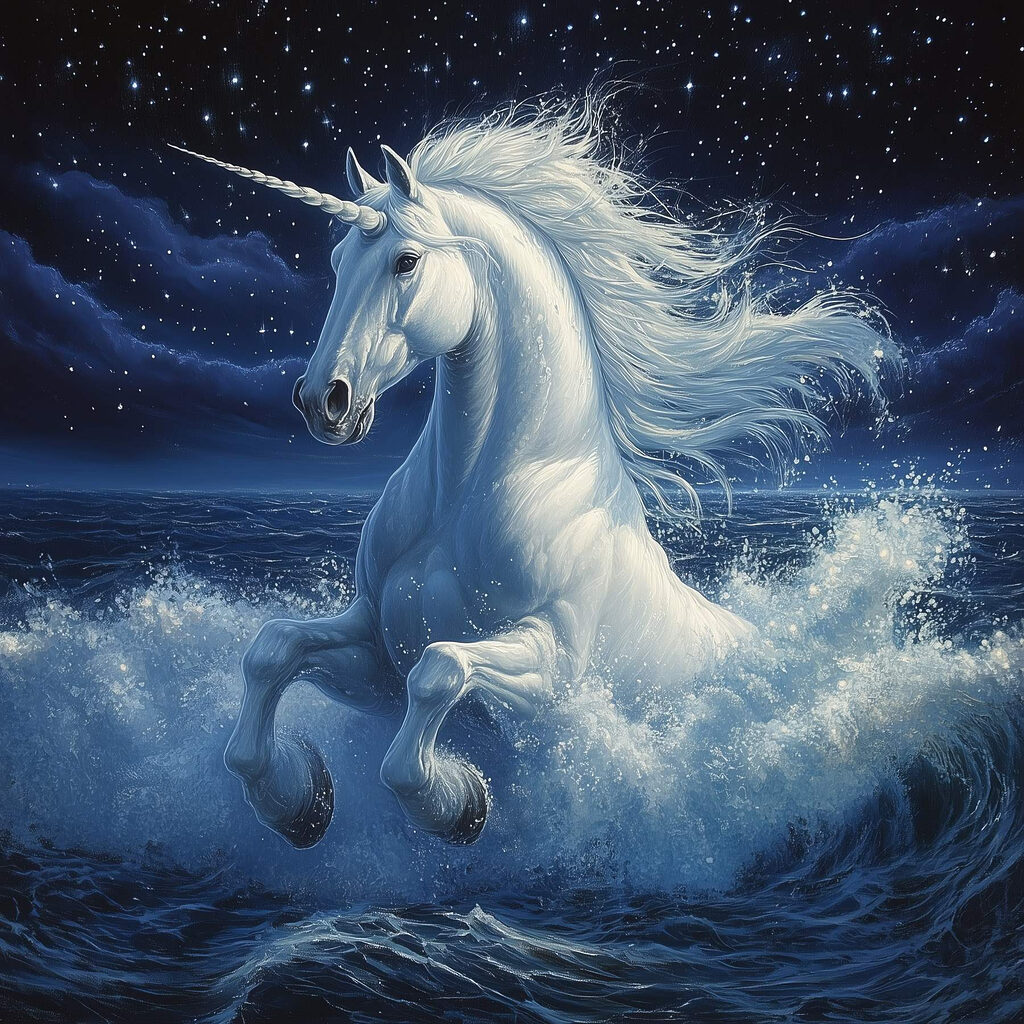 Unicórnio em ondas noturnas — design completo