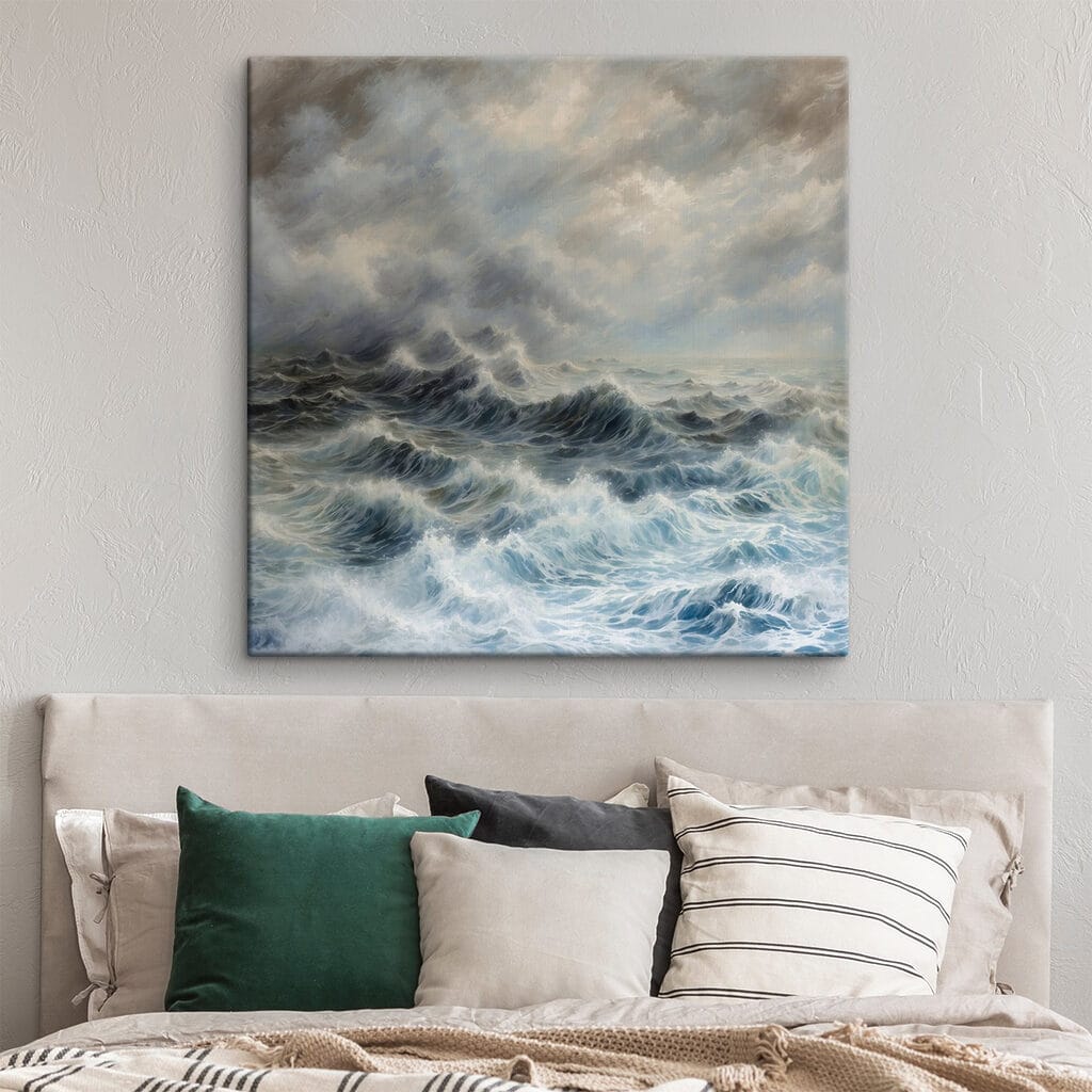 Ondas sob nuvens cinzentas num interior