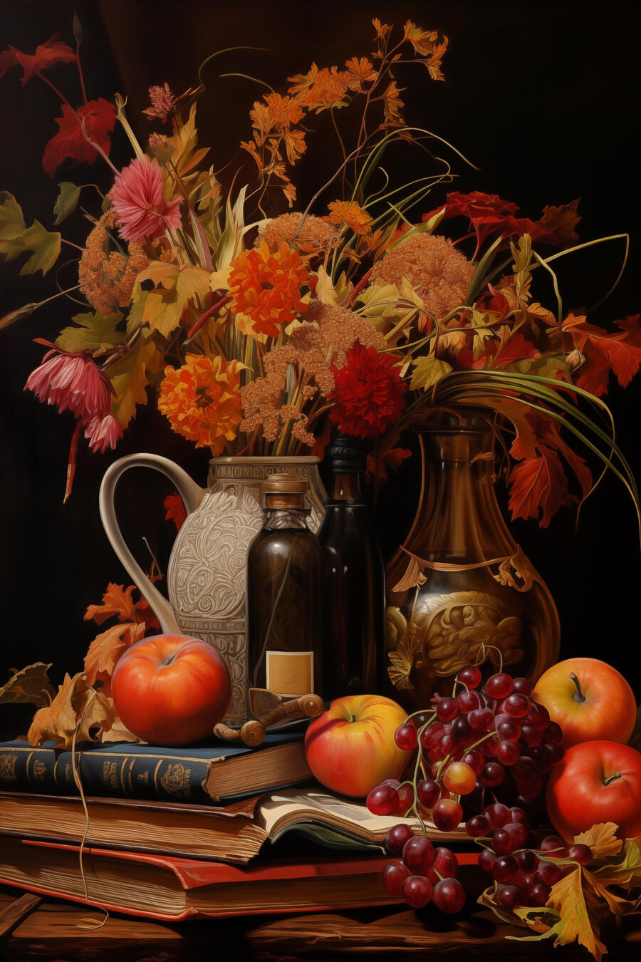 Flores outonais com fruta — design completo