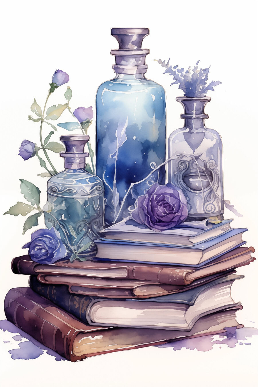 Frascos roxos sobre livros — design completo
