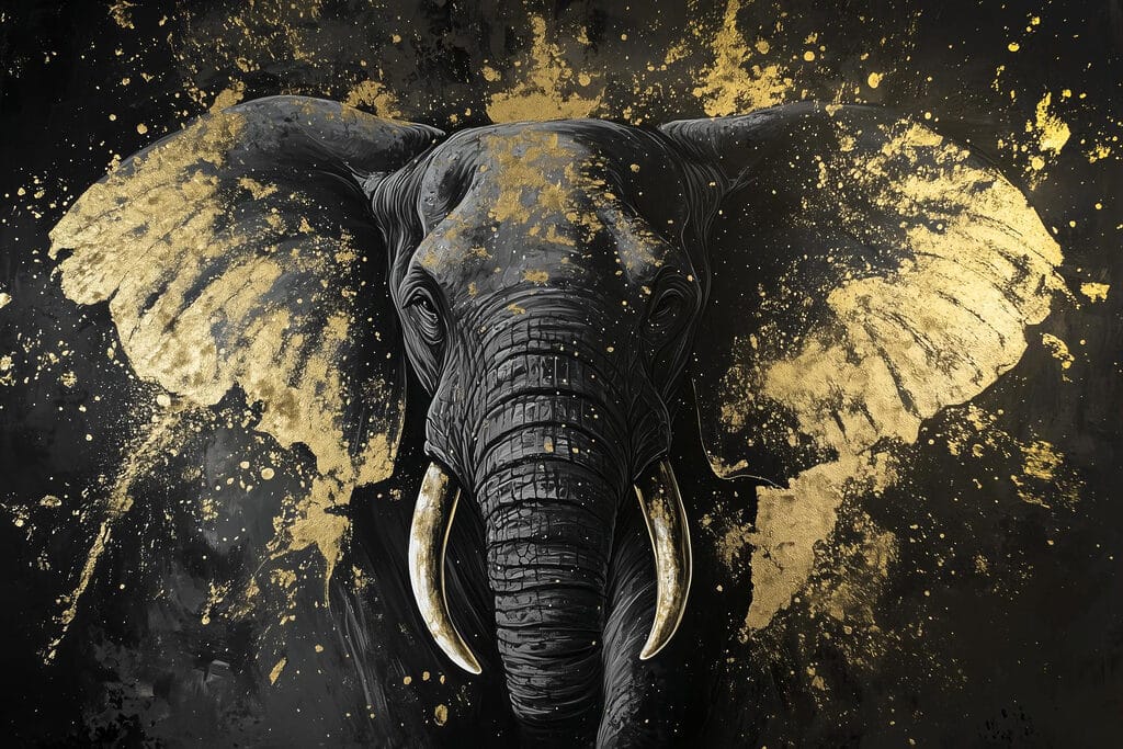 Elefante entre salpicos dourados — design completo