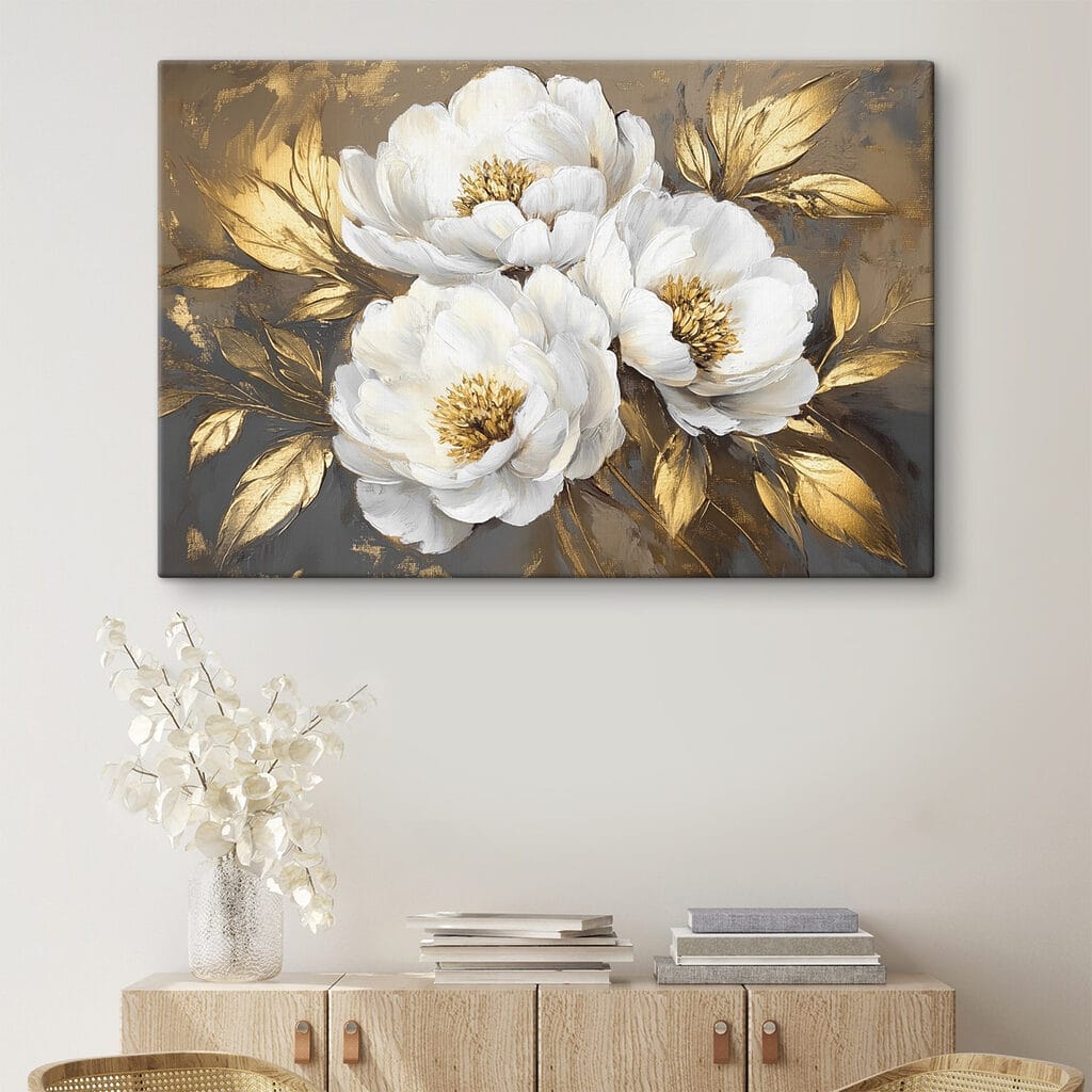 Peónias brancas em dourado — interior 1