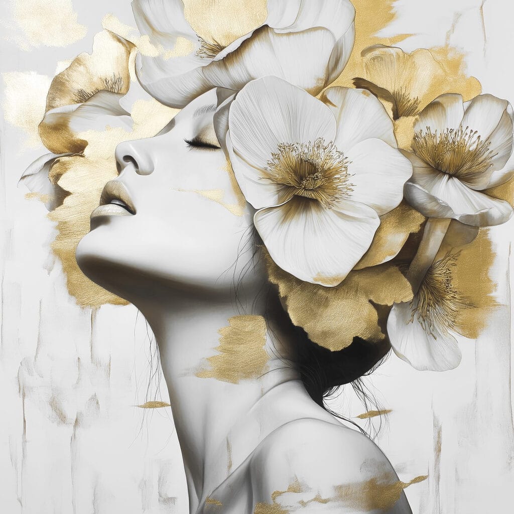 Rosto sob flores brancas — design completo
