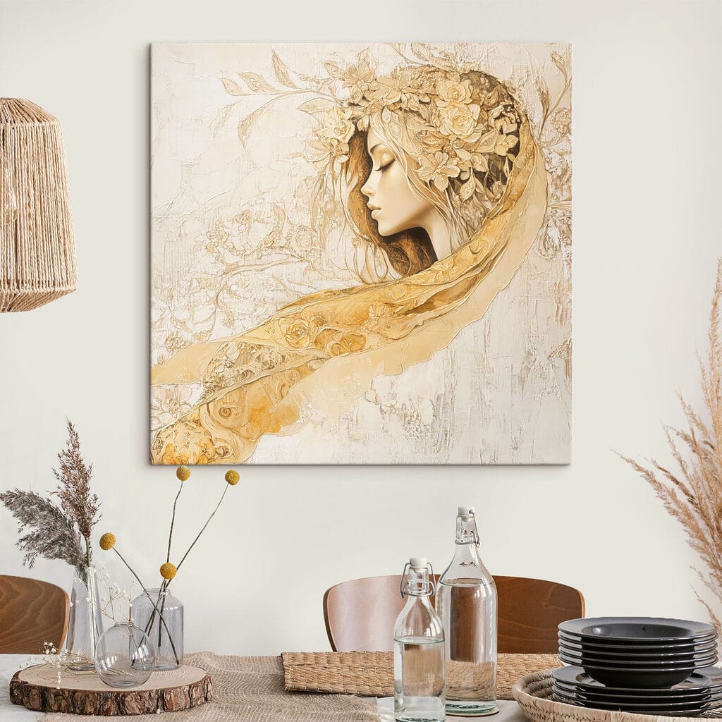 Perfil com véu dourado — interior 1