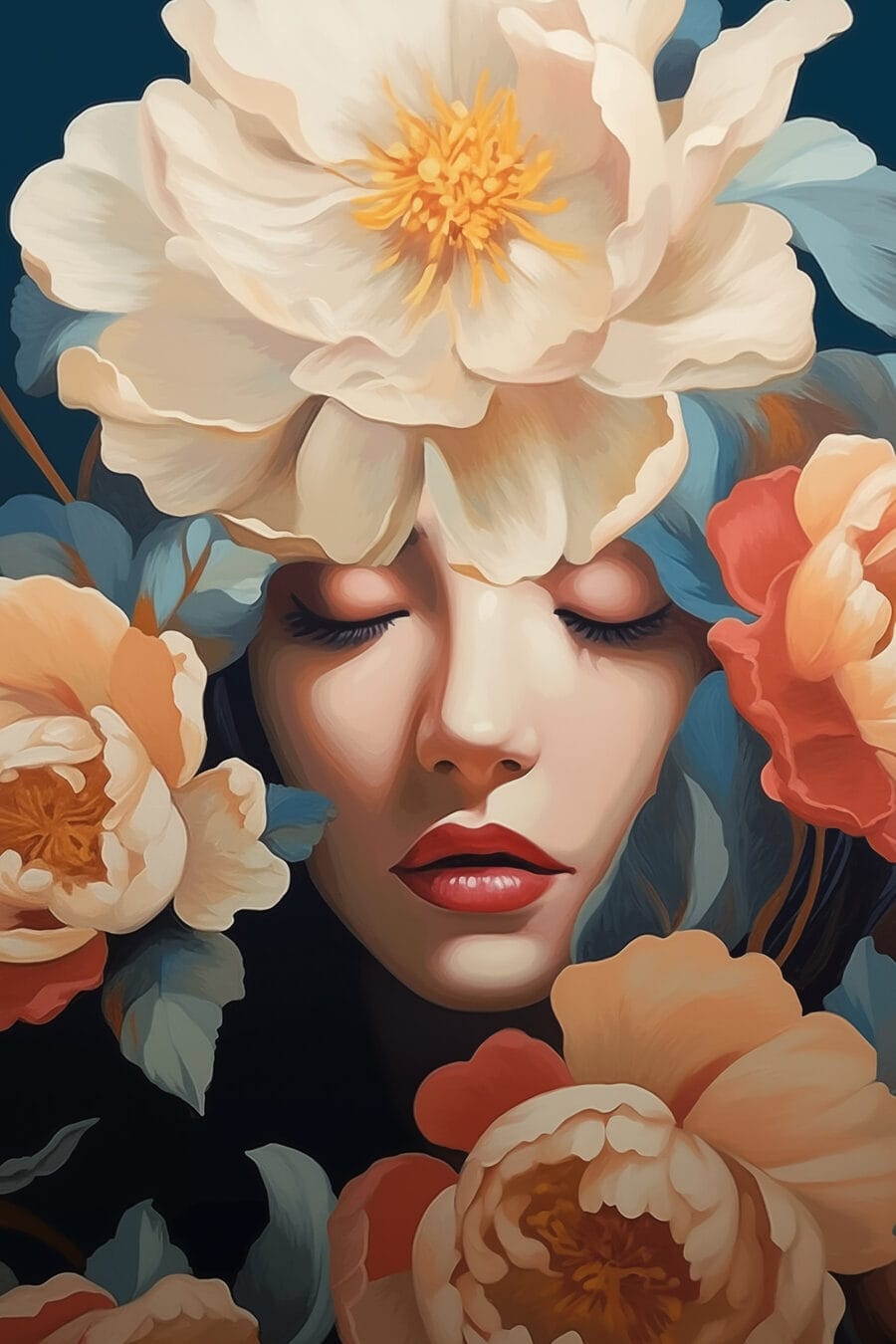 Lábios vermelhos entre flores — design completo