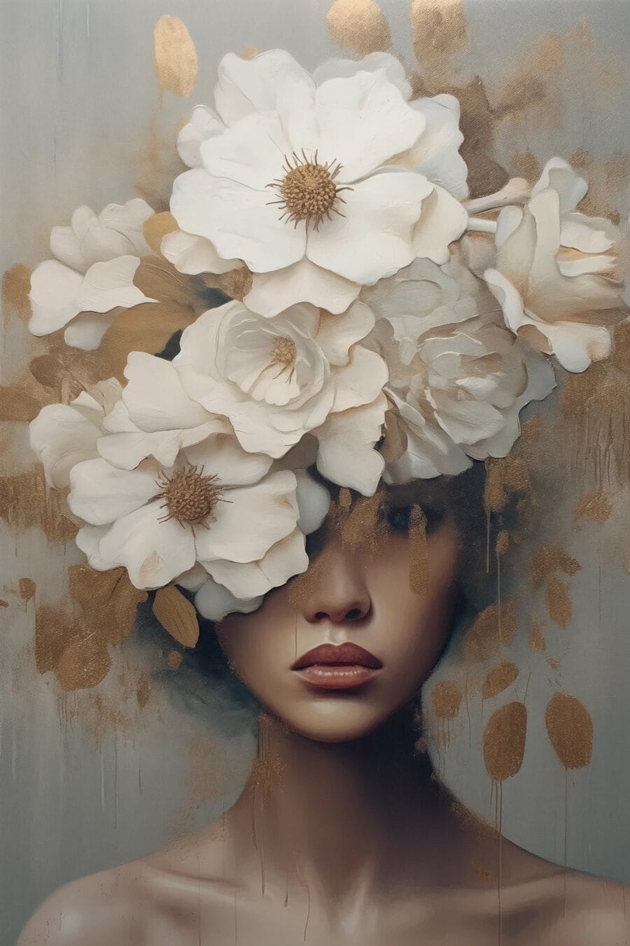 Mulher sob flores brancas — design completo