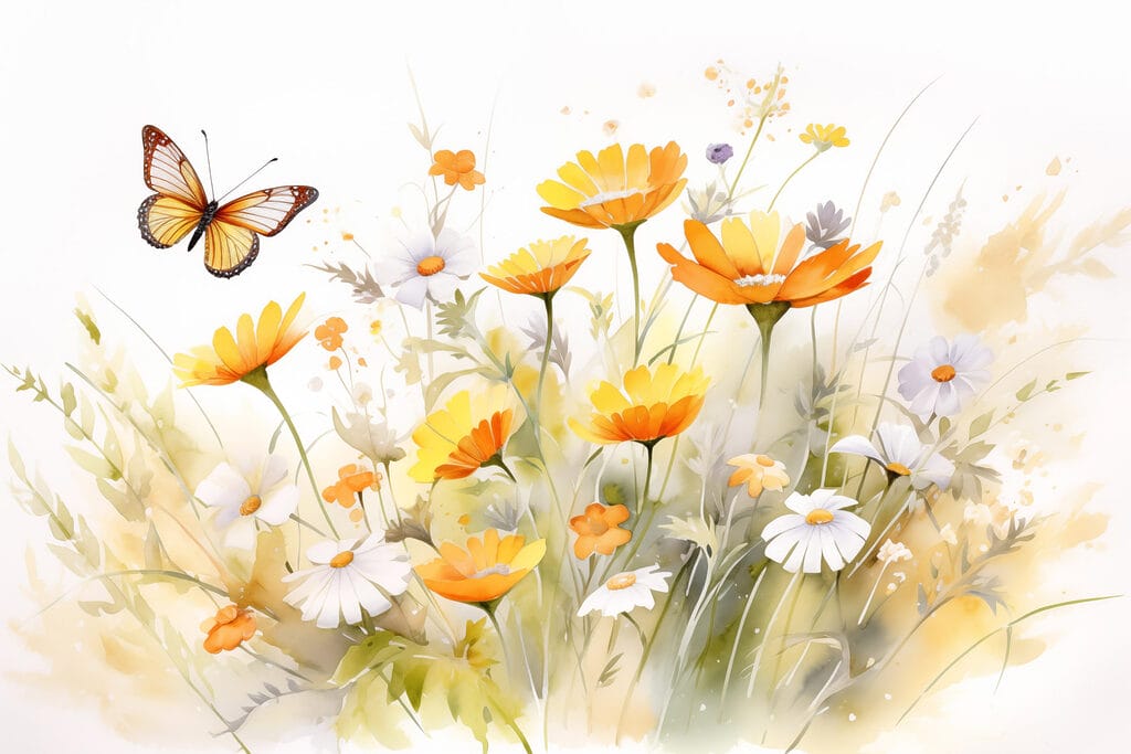 Borboleta sobre margaridas — design completo