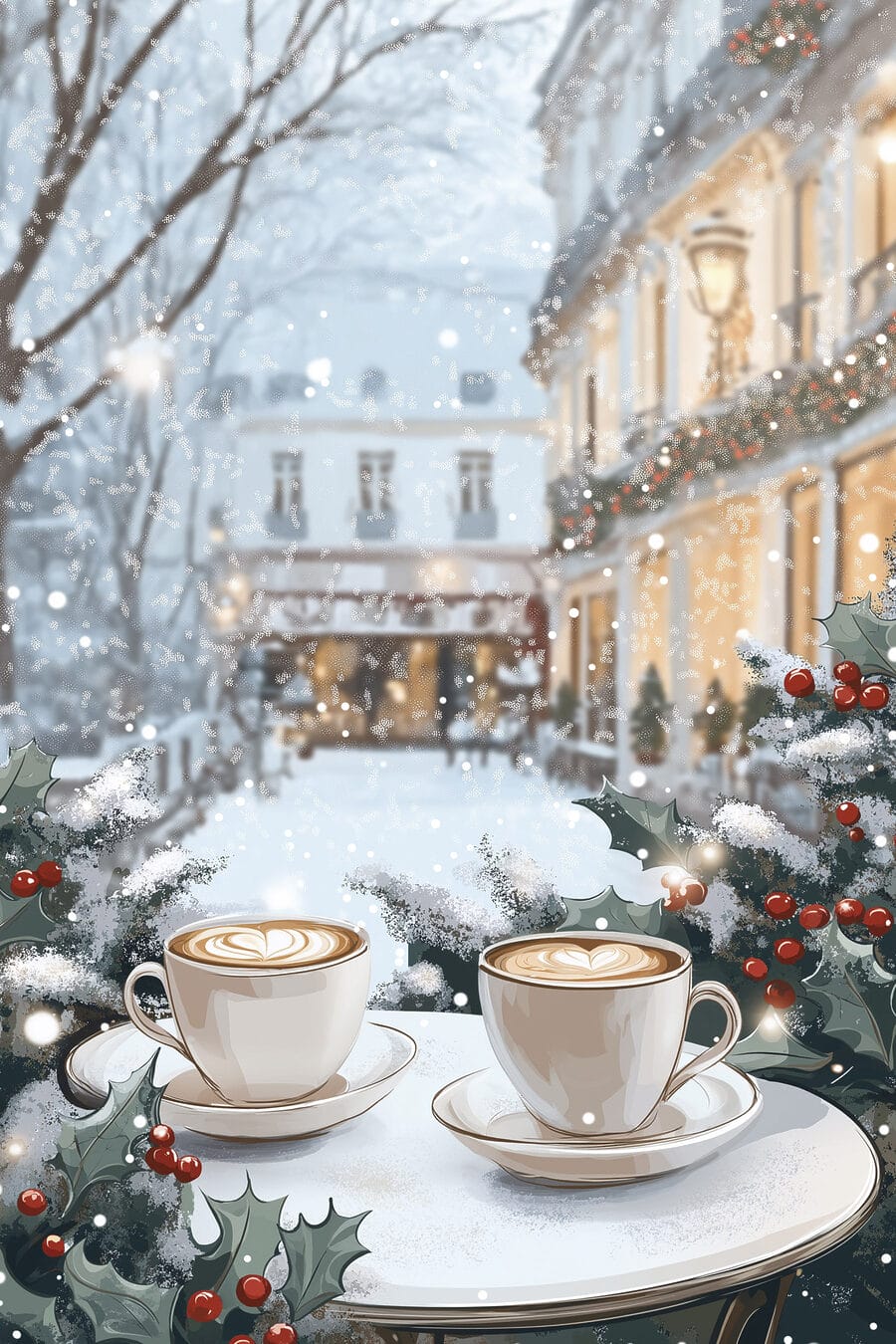 Café com fachadas iluminadas — design completo
