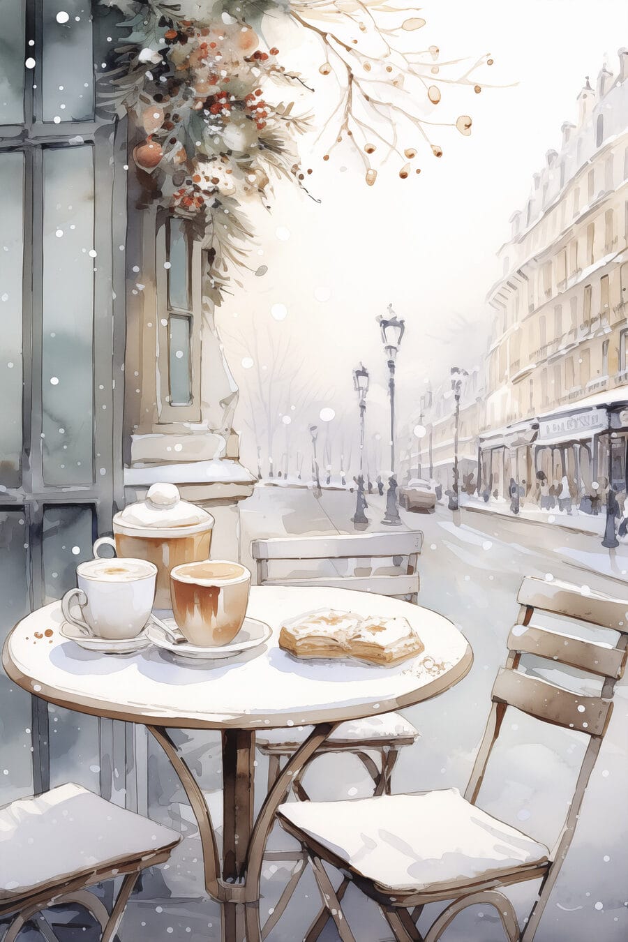 Café numa rua nevada — design completo