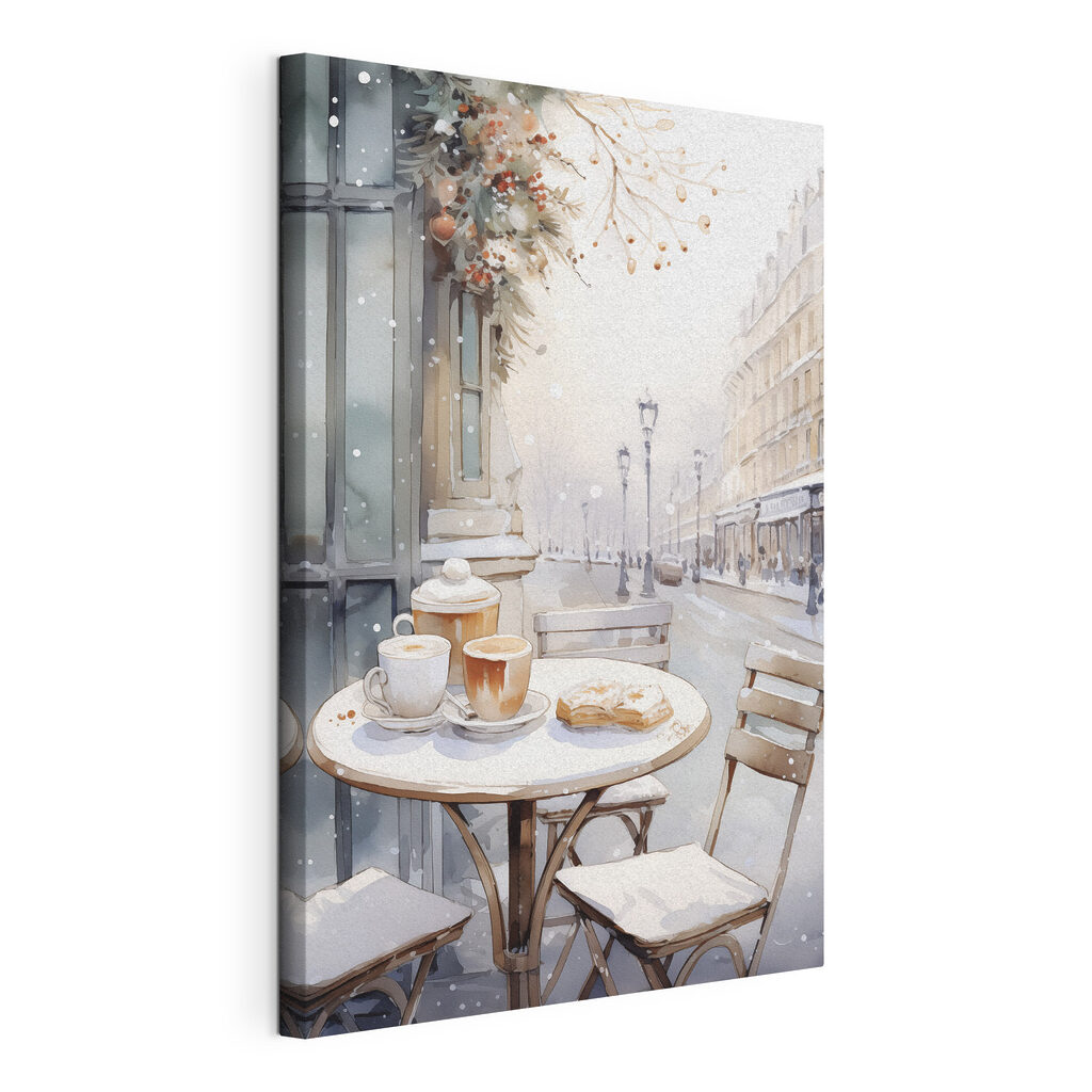 Café numa rua nevada, tela esticada e borda contínua