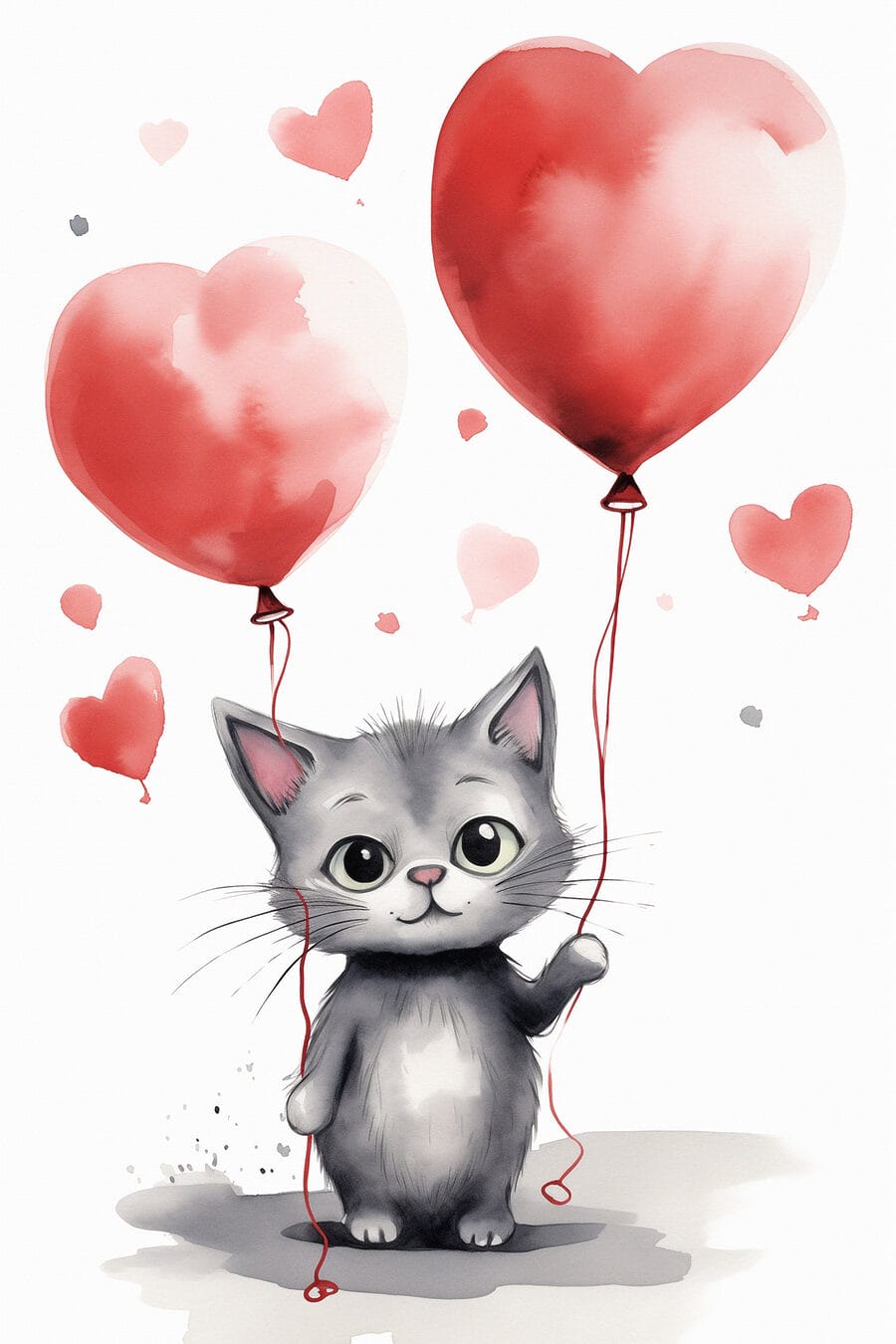 Gatinho com balões-coração — design completo
