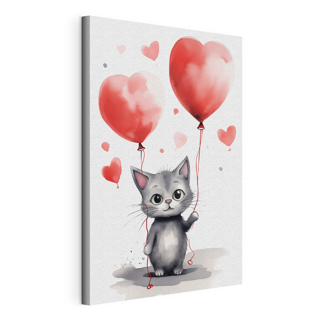 Gatinho com balões-coração, tela esticada e borda contínua