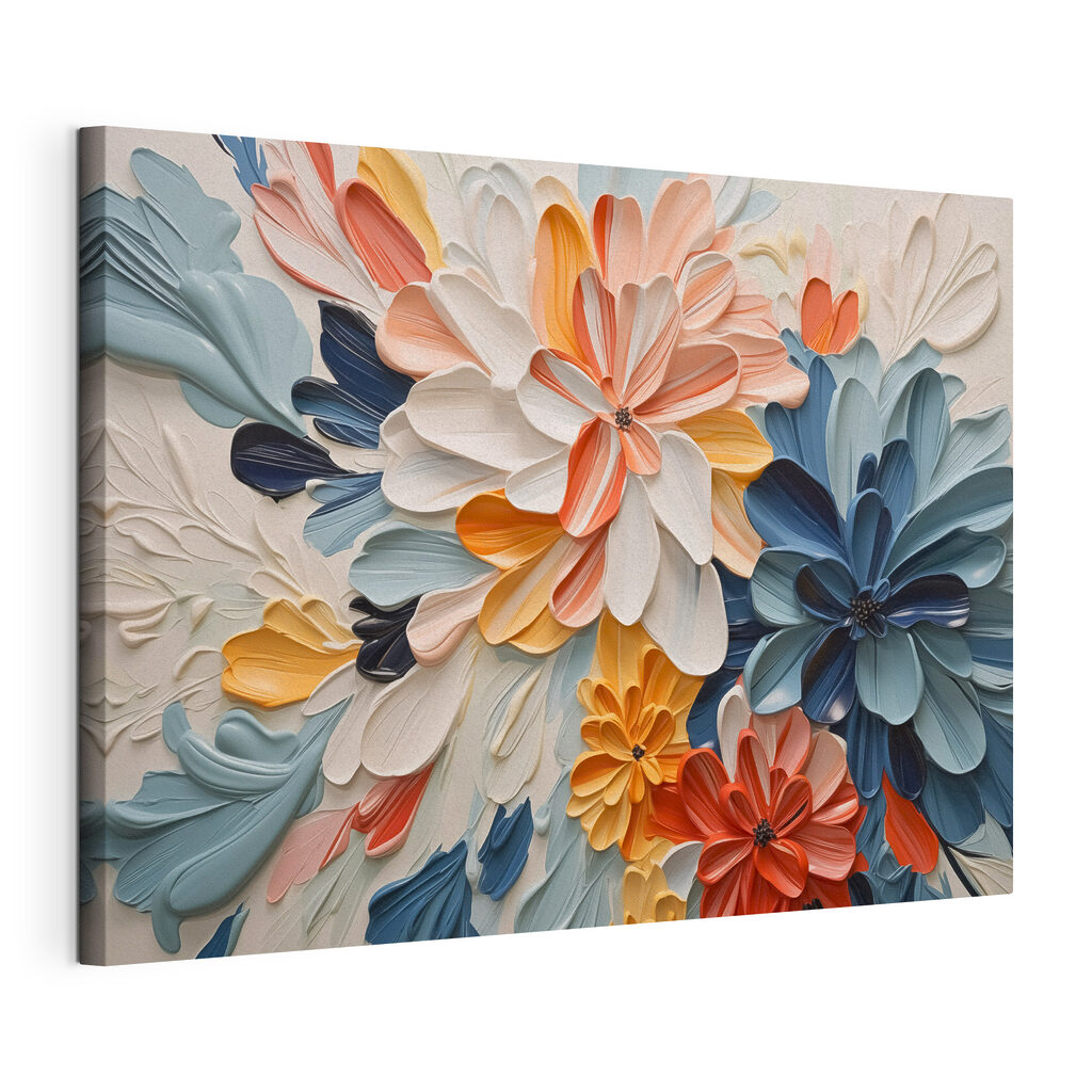 Flores vermelho-coral e azul, tela esticada e borda contínua