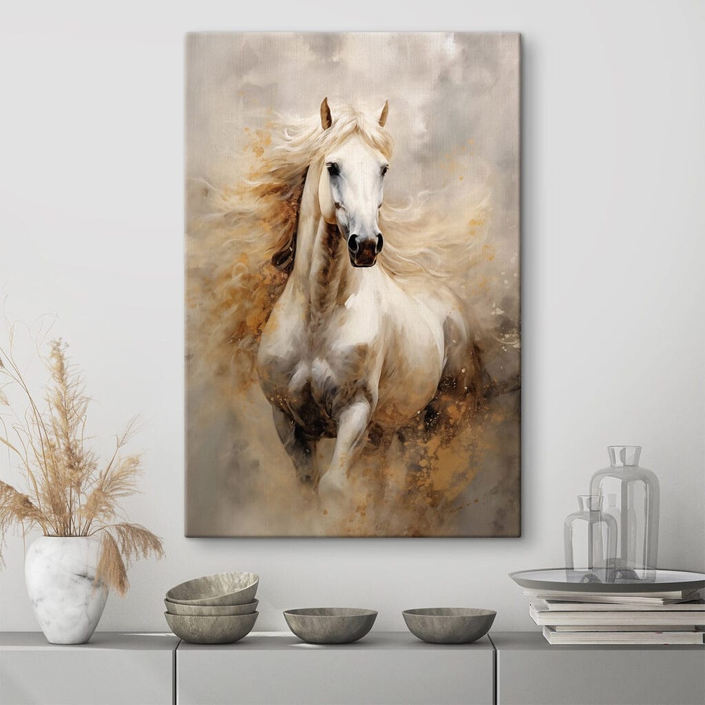 Cavalo branco na poeira num interior