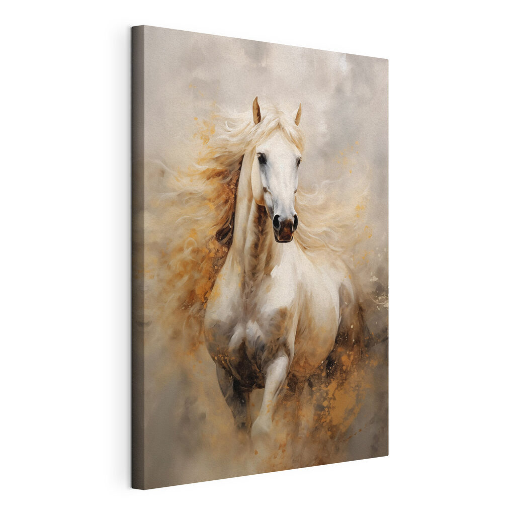 Cavalo branco na poeira, tela esticada e borda contínua