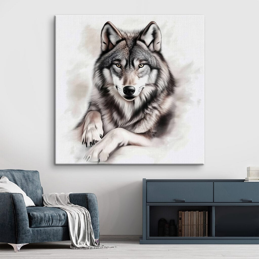 Lobo de patas estendidas num interior
