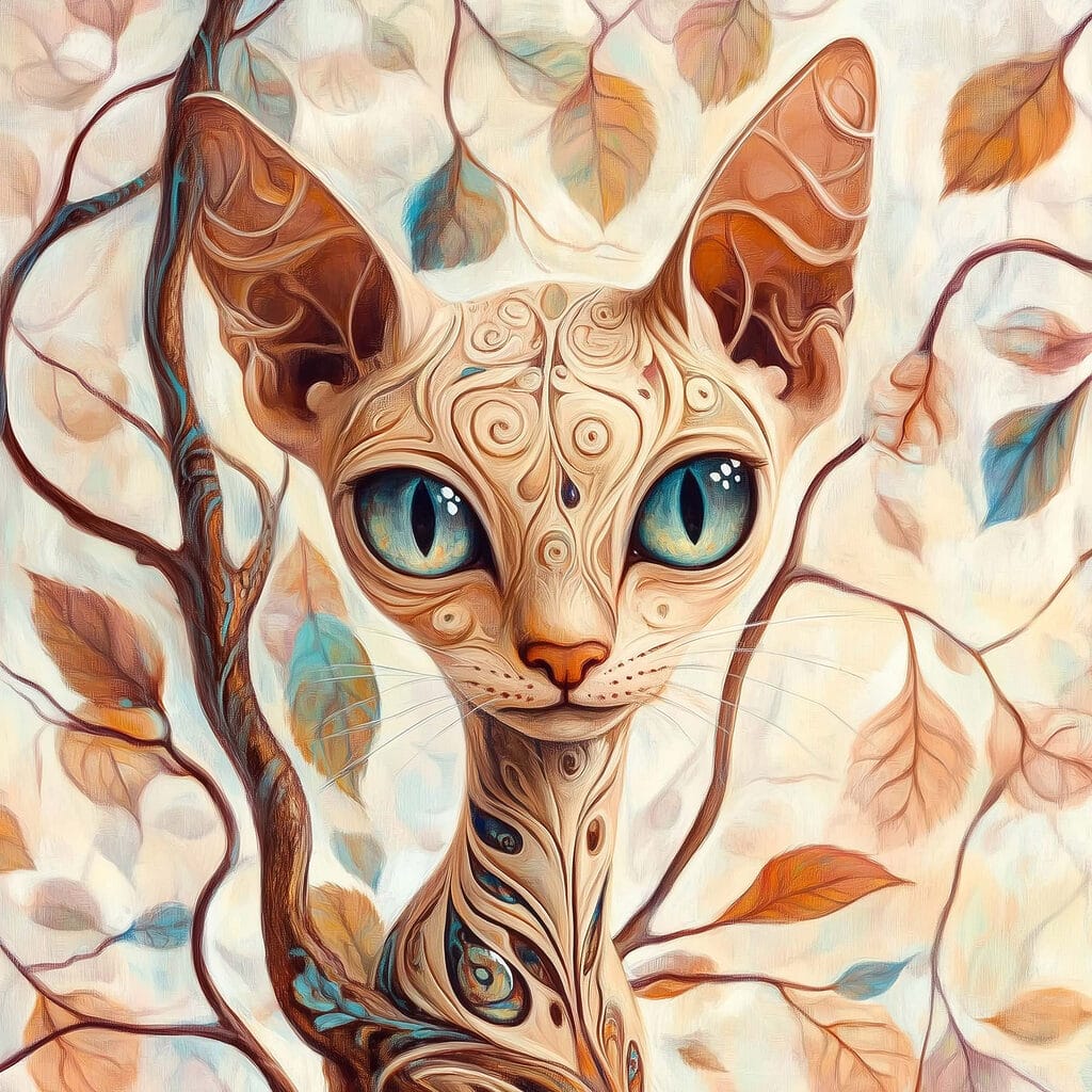Gato elegante entre folhas — design completo