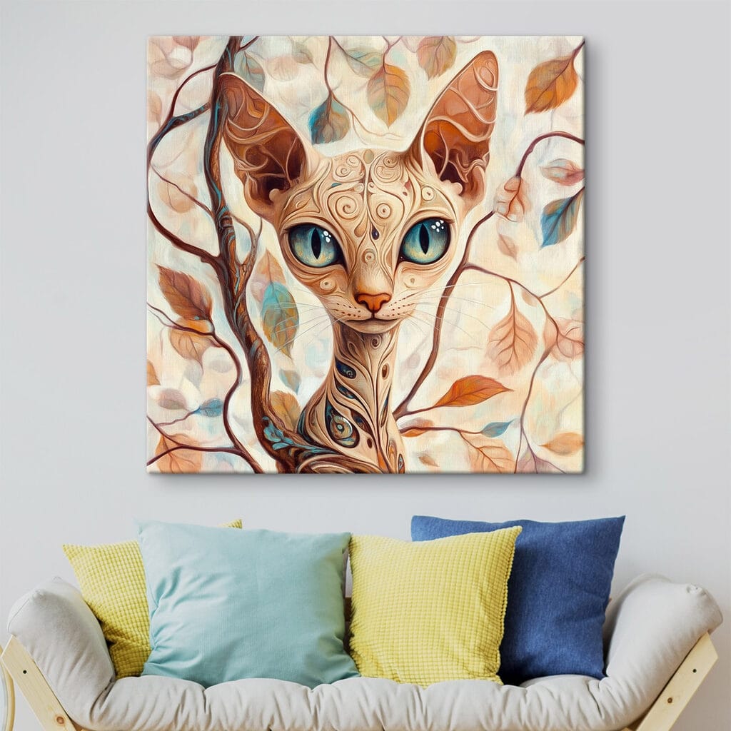Gato elegante entre folhas num interior