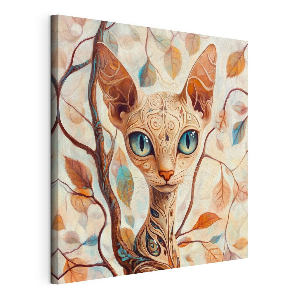 Gato elegante entre folhas, tela esticada e borda contínua